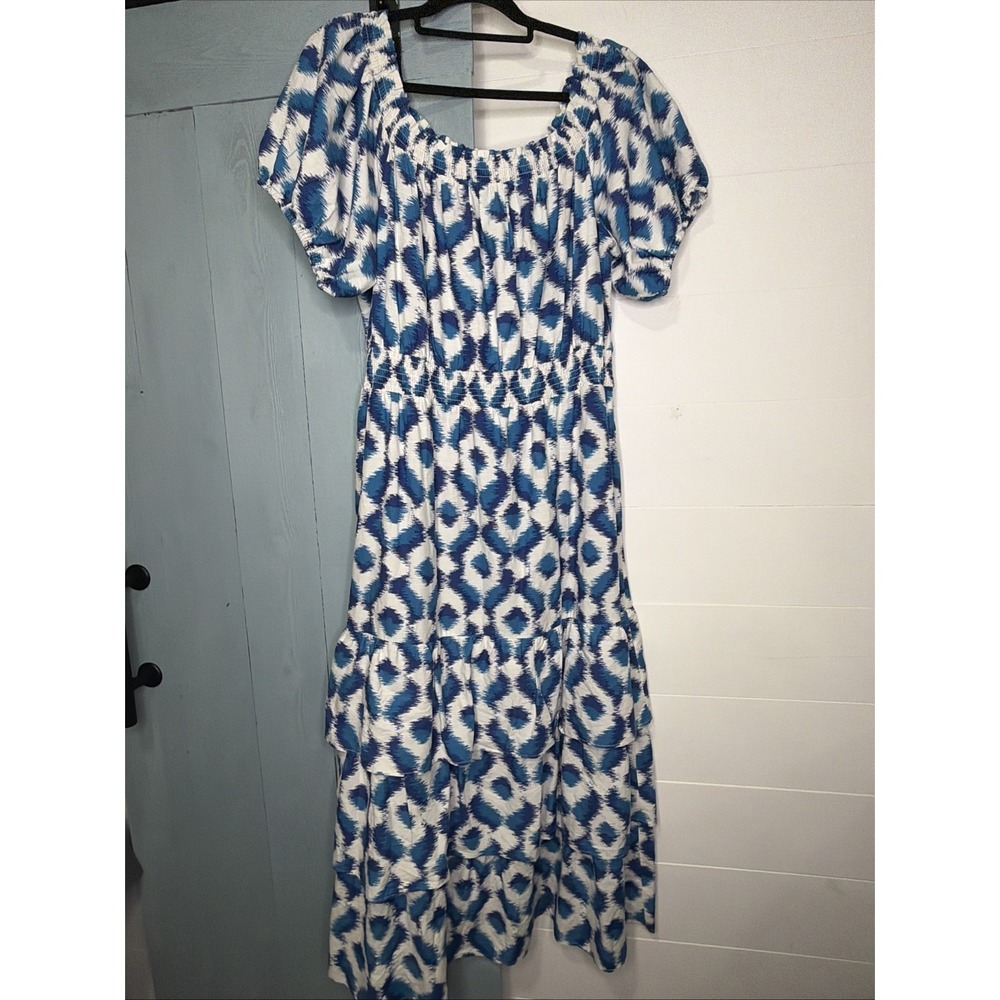 Target Knox Rose Blue White Ikat Smocked Tiered Maxi Dress Boho XL